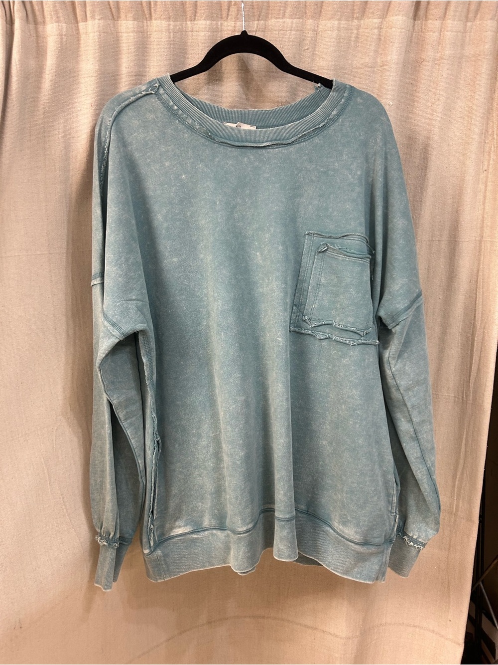 Zenana Terry Knit Acid Washed Crewneck Sweatshirt in Ash Blue